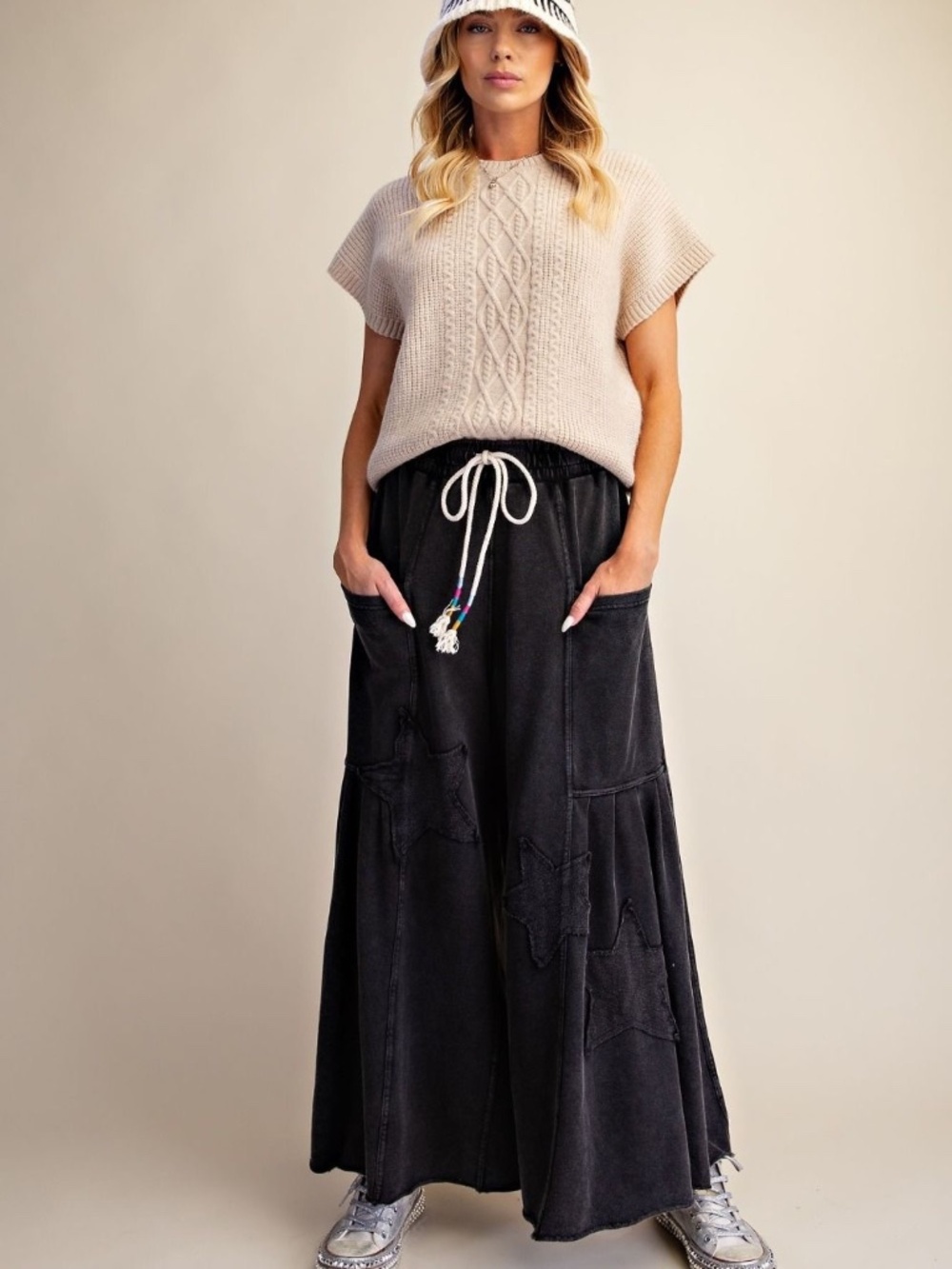 NEW EASEL STAR PATCH MINERAL WASH WASHED TERRY KNIT PALAZZO PANTS WIDE LEG BLACK